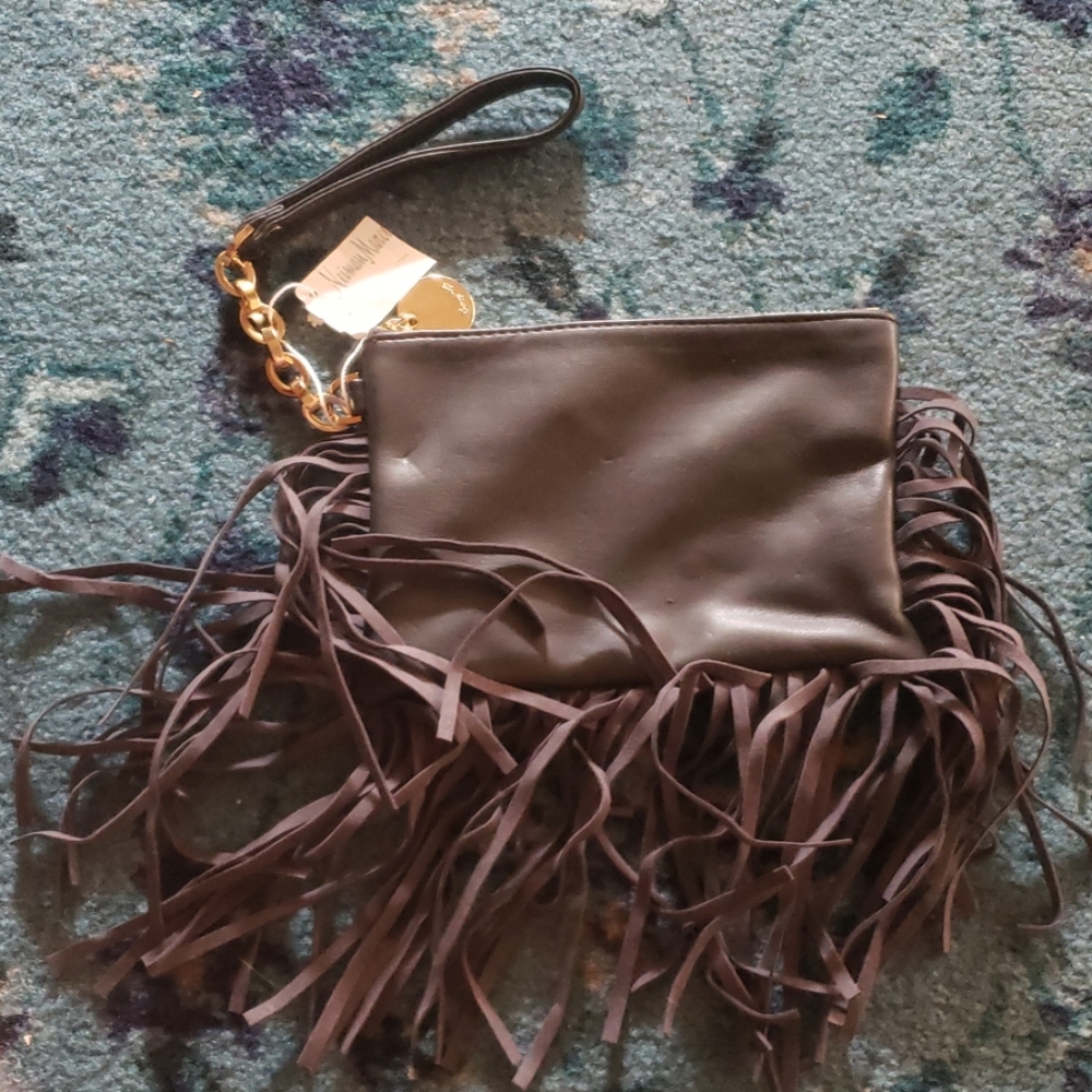 NWT Deux Lux Grey Vegan Leather Fringe Wristlet